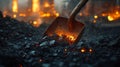 Shovel in glowing coals in an industrial setting Royalty Free Stock Photo