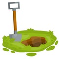 Shovel on green lawn. Digging hole in garden. bed and tool of farmer Royalty Free Stock Photo