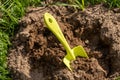 Shovel in the ground. A bed in the garden. Spring, summer time. Cultivation of the land Royalty Free Stock Photo