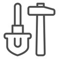 Shovel and hammer line icon. Agriculture digging hardware, garden item symbol, outline style pictogram on white