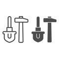 Shovel and hammer line and solid icon. Agriculture digging hardware, garden item symbol, outline style pictogram on