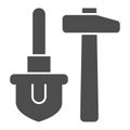 Shovel and hammer solid icon. Agriculture digging hardware, garden item symbol, glyph style pictogram on white