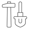 Shovel and hammer thin line icon. Agriculture digging hardware, garden item symbol, outline style pictogram on white