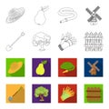 A shovel with a handle, a tree in the garden, gloves for working on a farm, a wooden fence. Farm and gardening set