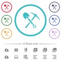 Shovel and pickaxe flat color icons in circle shape outlines Royalty Free Stock Photo