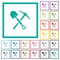 Shovel and pickaxe flat color icons with quadrant frames Royalty Free Stock Photo