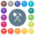 Shovel and pickaxe flat white icons on round color backgrounds Royalty Free Stock Photo