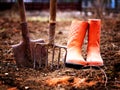 Shovel, pitchfork and orange rubber boots in spring garden Royalty Free Stock Photo