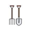 Shovel and pitchfork, simple gardening icon in trendy line style isolated on white background for web apps and mobile concept.