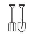 Shovel and pitchfork, simple gardening icon in trendy line style isolated on white background for web apps and mobile concept.