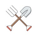 Shovel and pitchfork, simple gardening icon in trendy line style isolated on white background for web apps and mobile concept.