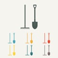 Shovel and rake. Colorful gardening tools. Flat design. Vector illustration.