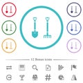 Shovel and rake flat color icons in circle shape outlines Royalty Free Stock Photo