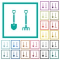 Shovel and rake flat color icons with quadrant frames Royalty Free Stock Photo