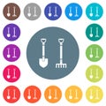 Shovel and rake flat white icons on round color backgrounds Royalty Free Stock Photo