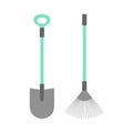 Shovel and rake isolated on white, flat design