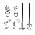 Shovel, rake, and potted flowers. Collection of garden tools and plants. Hand drawn sketches. Isolated elements in Doodle style. Royalty Free Stock Photo