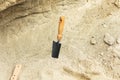 Shovel in the sand.Skeleton and archaeological tools.Digging for fossils.