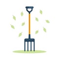 Shovel, spade, pitchfork, farm fork isolated on background. Garden tools, digging element, equipment for farmer. Spring work.