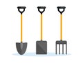 Shovel, spade, pitchfork, farm fork isolated on background. Garden tools, digging element, equipment for farmer. Spring work.