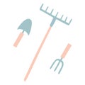 Shovel or spade, rake and pitchfork icons isolated on white background. Flat Gardening tools design Set. Colorful vector Cartoon Royalty Free Stock Photo