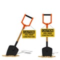 The shovel stab into the ground with the warning sign for the concept of under construction