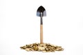 Shovel standing in pile of coins