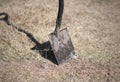 A shovel stuck in the ground. Close up