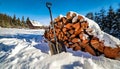 Shovel Stuck in Snow Next to Stack of Firewood in a Winter Fores Royalty Free Stock Photo