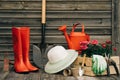 Shovel, watering can, hat, rubber boots, box of flowers, gloves and garden tools Royalty Free Stock Photo