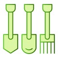 Shovels and pitchforks flat icon. Farm equipment green icons in trendy flat style. Gardening tools gradient style design