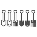 Shovels and pitchforks line and glyph icon. Farm equipment vector illustration isolated on white. Gardening tools