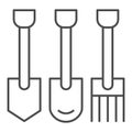 Shovels and pitchforks thin line icon. Farm equipment vector illustration isolated on white. Gardening tools outline