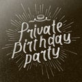 Show background. Private Birthday Party Brush Script Style Hand lettering. Smoky vector stage interior shining with light from a p