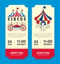 Show circus vertical vintage tickets set. Admit one coupon mention, barcode and text for festival and amusing fairground Royalty Free Stock Photo