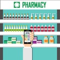 Show detail the medicine on screen a smartphone . Modern interior pharmacy or drugstore. Medicine pills capsules bottles vitamins