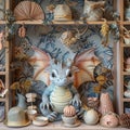 Show a dragon surrounded by a variety of lifestyle accessories all in soft pastel tones ai generated