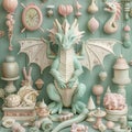 Show a dragon surrounded by a variety of lifestyle accessories all in soft pastel tones ai generated