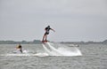 Show flayboards. People on flying boards Royalty Free Stock Photo