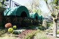 An show garden with flowers and trees at the Chelsea Flower Show in London. Royalty Free Stock Photo