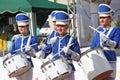 Show-group of drummers in blue uniform of the Royal lancers