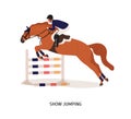 Show jumping flat vector illustration. Horse rider, athlete cartoon character. Equestrian show, horseback riding