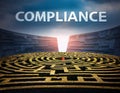 Show a maze with an exit marked \'compliance,\' symbolizing navigating complex regulatory frameworks