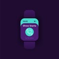 Show start reminder smartwatch interface vector template. Mobile app notification night mode design. Warning message