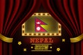 Show time board for performance, cinema, entertainment, roulette, poker of Nepal country event. Shining light bulbs vintage of