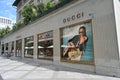 Show window of boutique Gucci with Italian luxury goods.