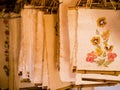 Showcase of Antemoro paper sheets, a flower embedded paper traditionally used to record secret knowledge, Ambalavao, Madagascar