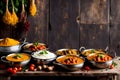 Showcase aromatic curries against a cozy rustic backdrop with space for text