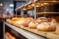 Showcase of bakery with assortment of fresh bread