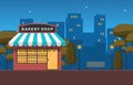 Showcase Bakery Shop Food Store Facade Night Cartoon Illustration Royalty Free Stock Photo